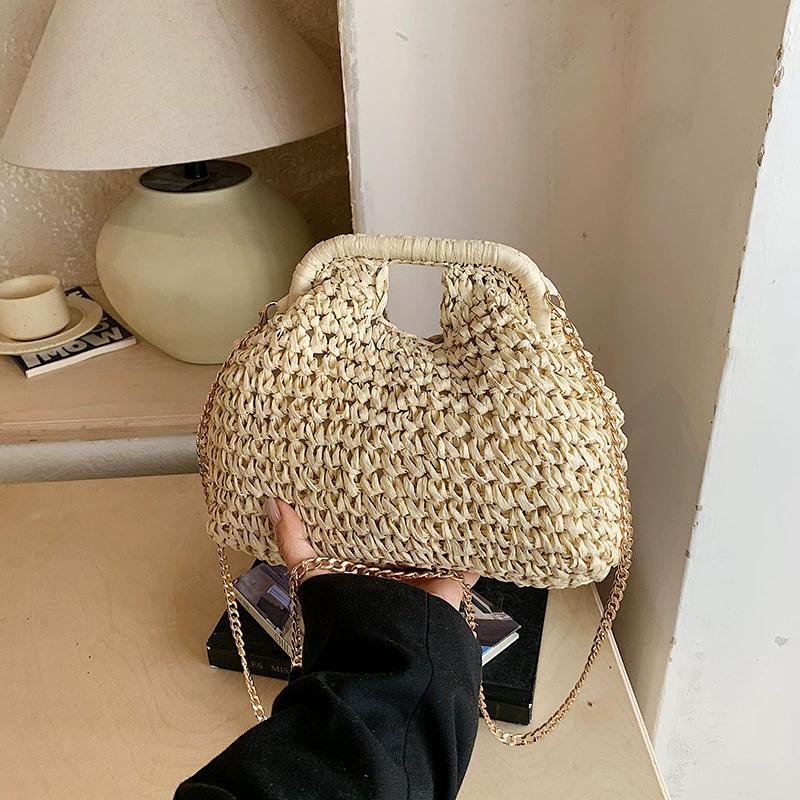 Bolso cruzado de paja tejido chic | Clutch de verano con cierre y cadena dorada para mujer