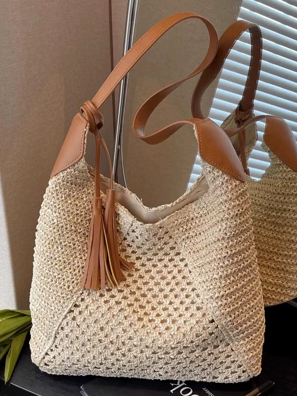 Bolso de hombro grande de paja de ganchillo | Bolso de mano de verano con cremallera para mujer