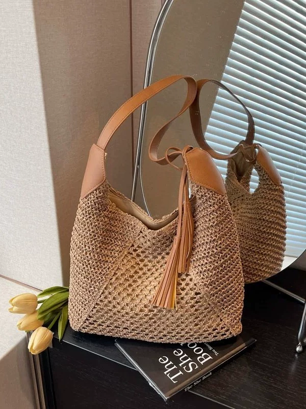 Bolso de hombro grande de paja de ganchillo | Bolso de mano de verano con cremallera para mujer