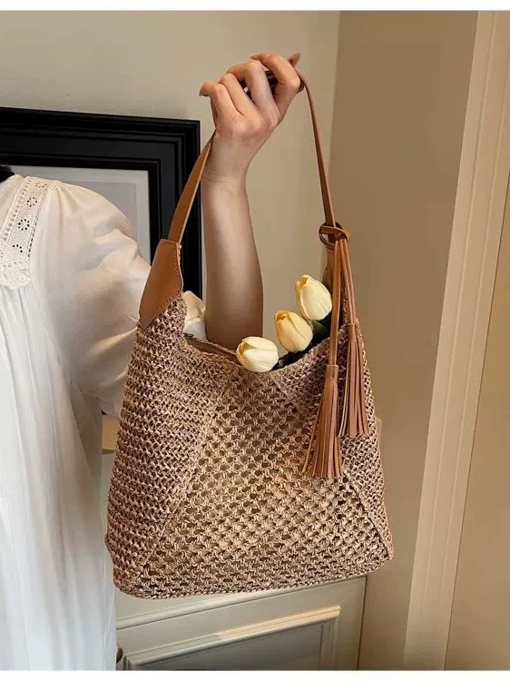 Bolso de hombro grande de paja de ganchillo | Bolso de mano de verano con cremallera para mujer