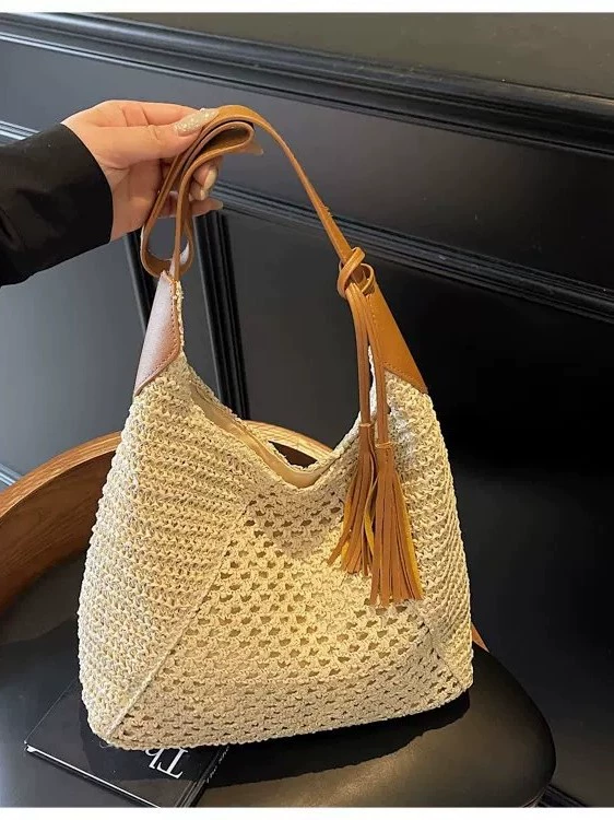 Bolso de hombro grande de paja de ganchillo | Bolso de mano de verano con cremallera para mujer
