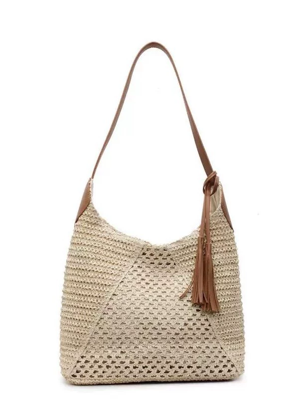 Bolso de hombro grande de paja de ganchillo | Bolso de mano de verano con cremallera para mujer