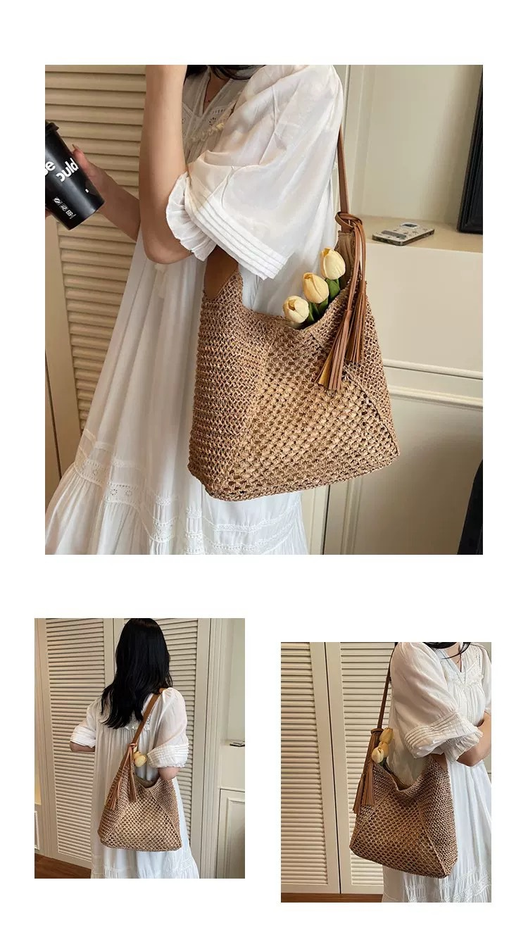 Bolso de hombro grande de paja de ganchillo | Bolso de mano de verano con cremallera para mujer