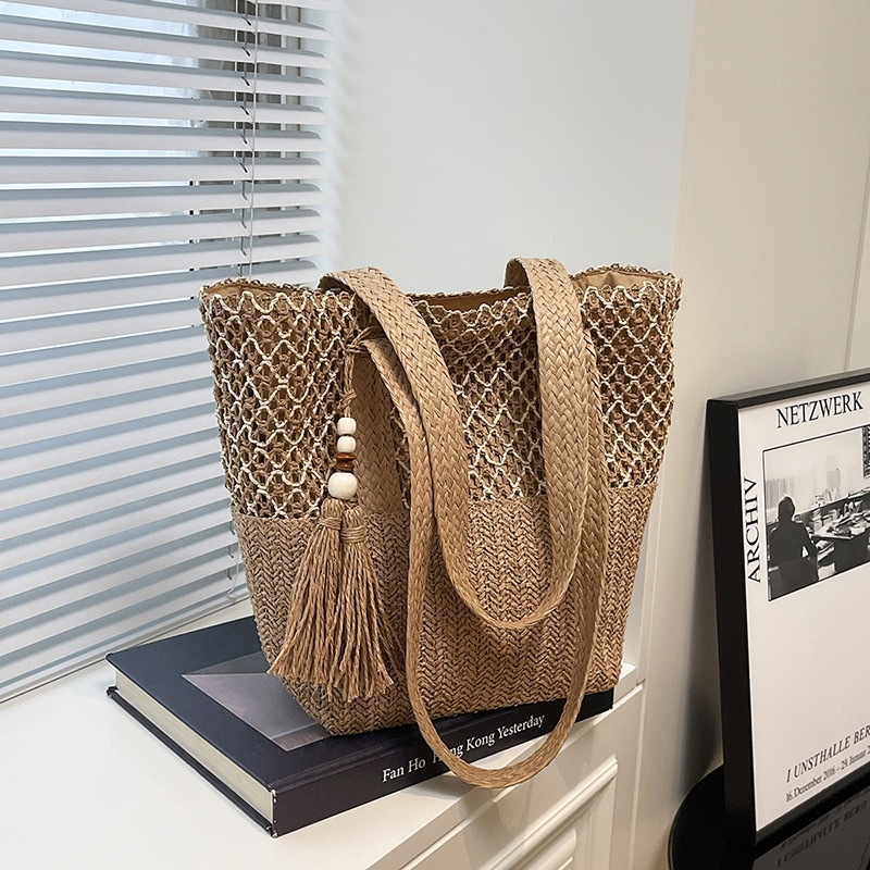 Bolso Grande de Paja para Mujer | Bolso de Mano de Playa con Cremallera para Verano