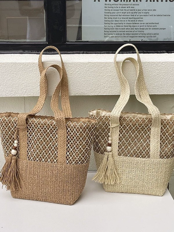 Bolso Grande de Paja para Mujer | Bolso de Mano de Playa con Cremallera para Verano