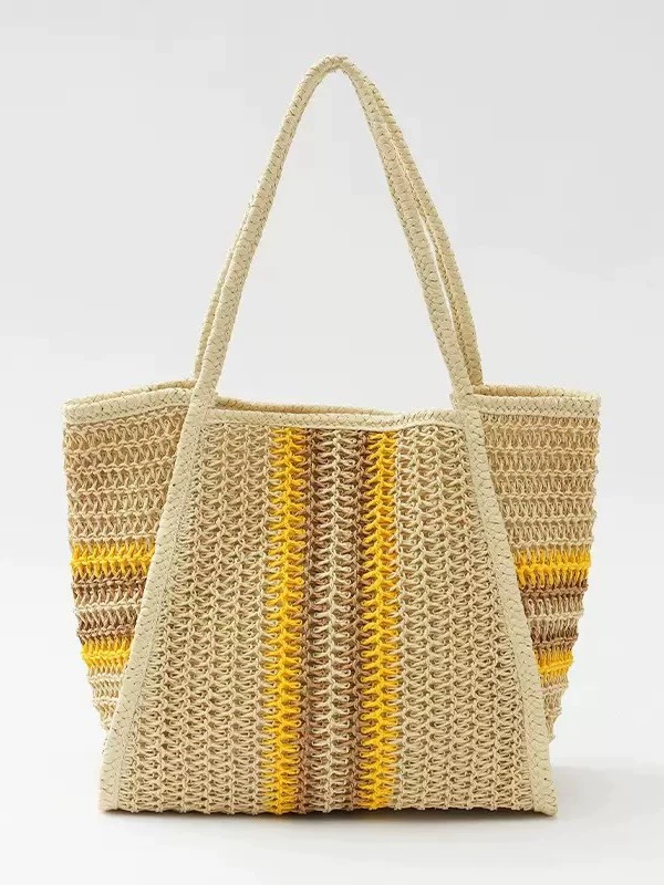 Bolso de ganchillo grande de pajita de papel | Bolso tote de vacaciones a rayas de colores para mujer