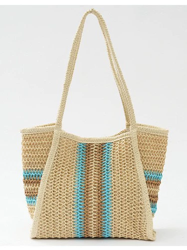 Bolso de ganchillo grande de pajita de papel | Bolso tote de vacaciones a rayas de colores para mujer