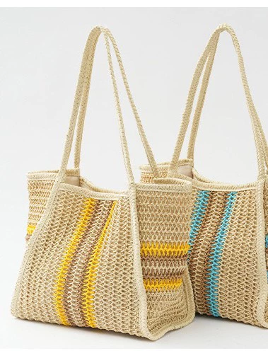 Bolso de ganchillo grande de pajita de papel | Bolso tote de vacaciones a rayas de colores para mujer