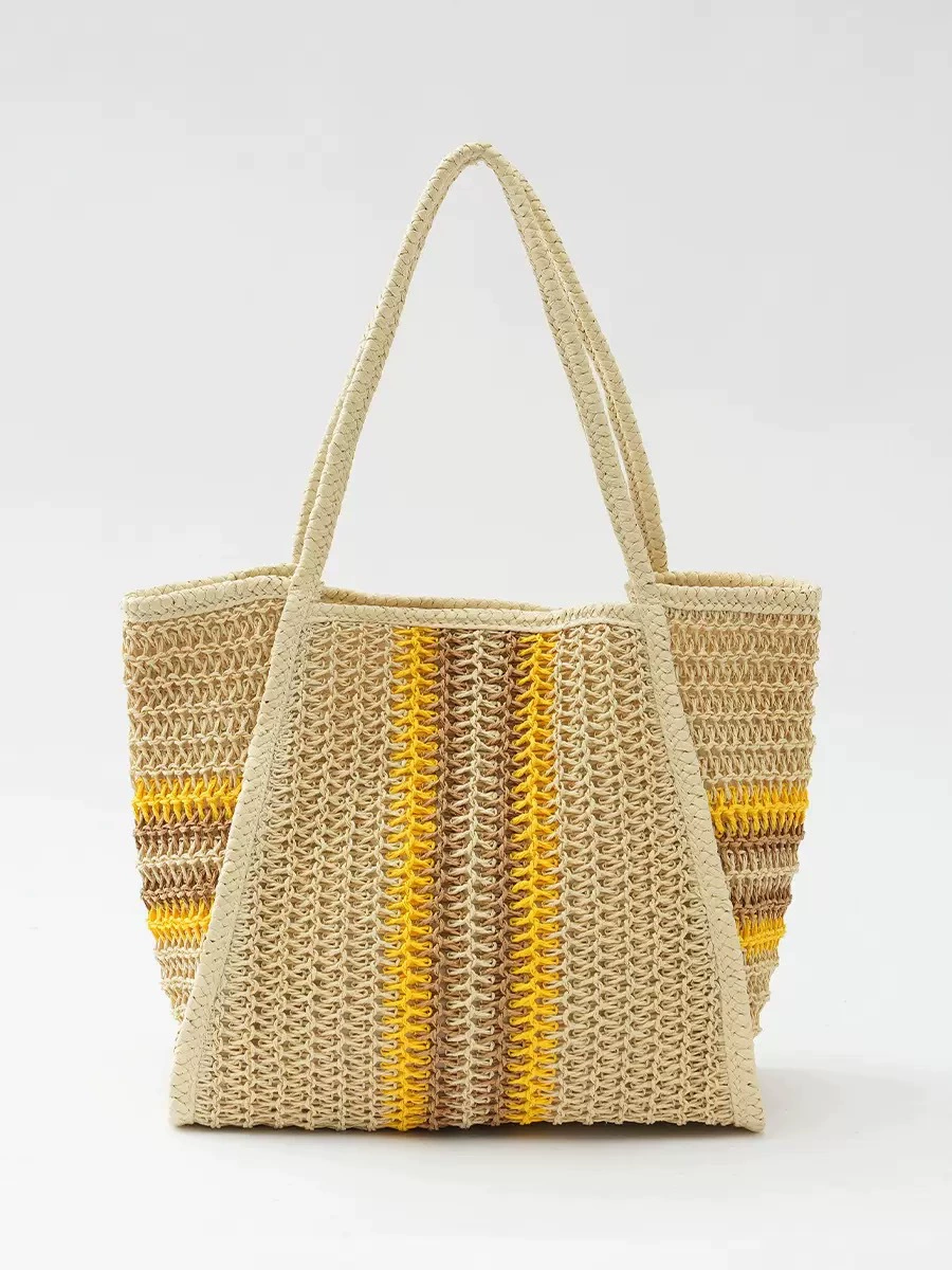 Bolso de ganchillo grande de pajita de papel | Bolso tote de vacaciones a rayas de colores para mujer