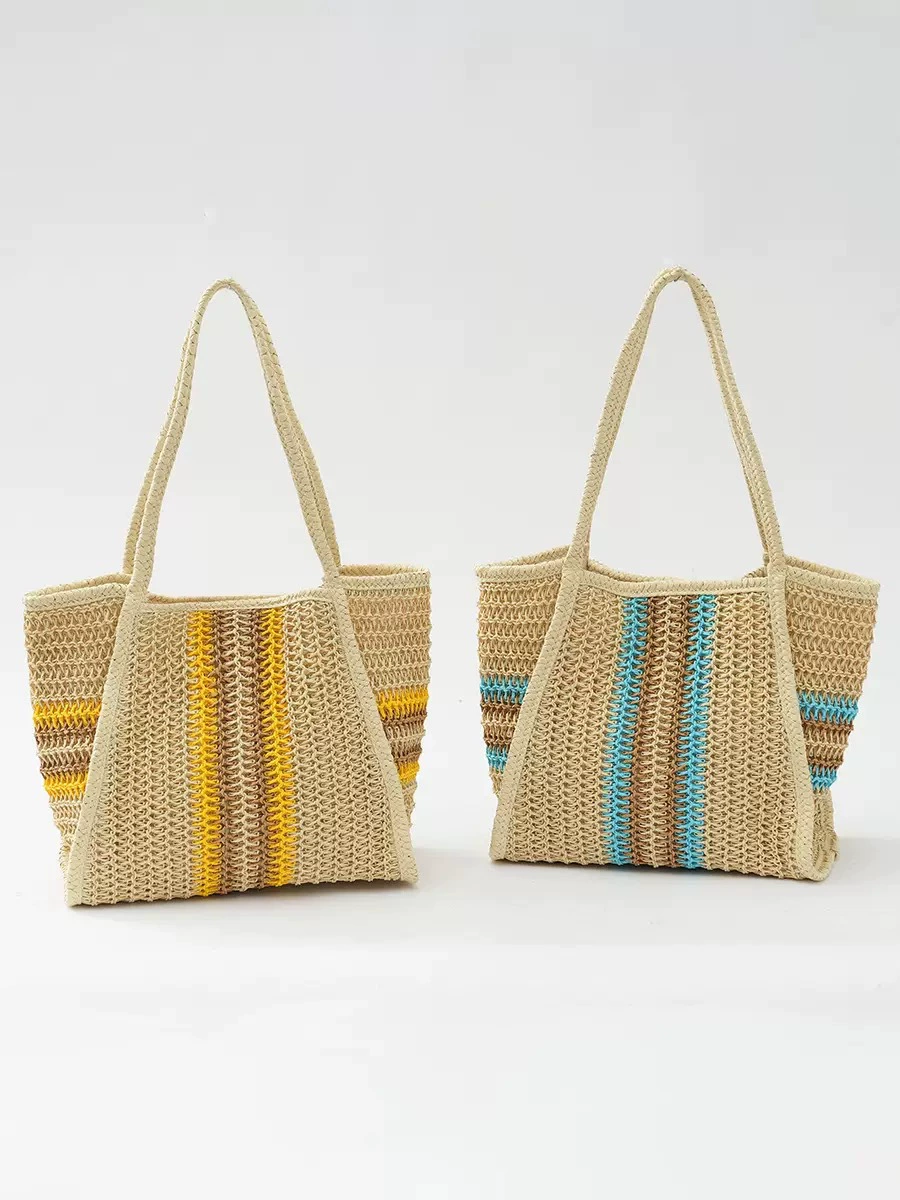 Bolso de ganchillo grande de pajita de papel | Bolso tote de vacaciones a rayas de colores para mujer