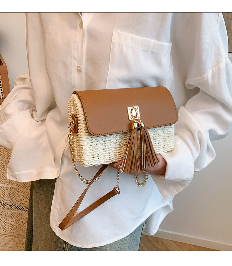 Bolso bandolera pequeño de paja para mujer | Bolso de mano con solapa y cadena para viajes de verano