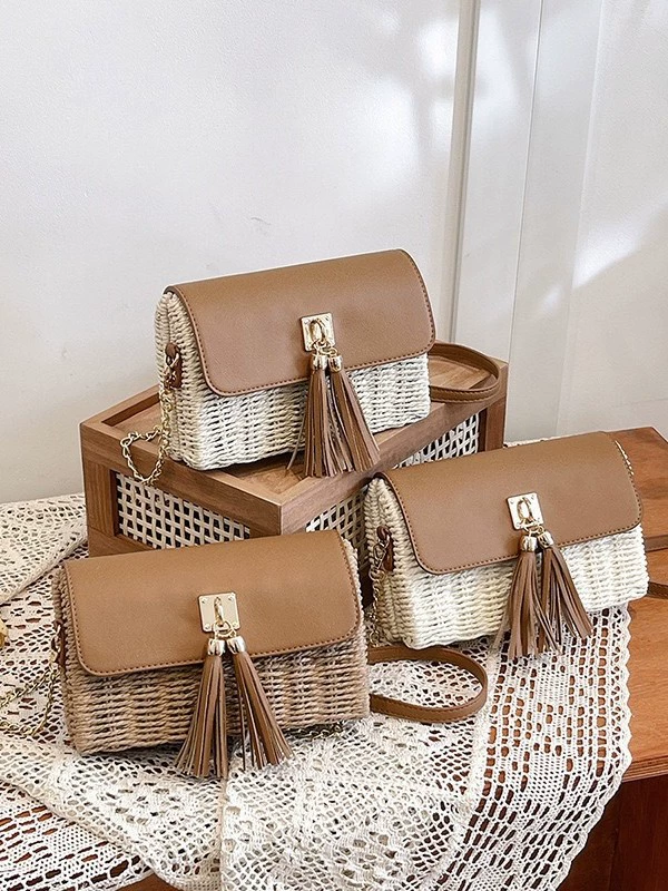 Bolso bandolera pequeño de paja para mujer | Bolso de mano con solapa y cadena para viajes de verano