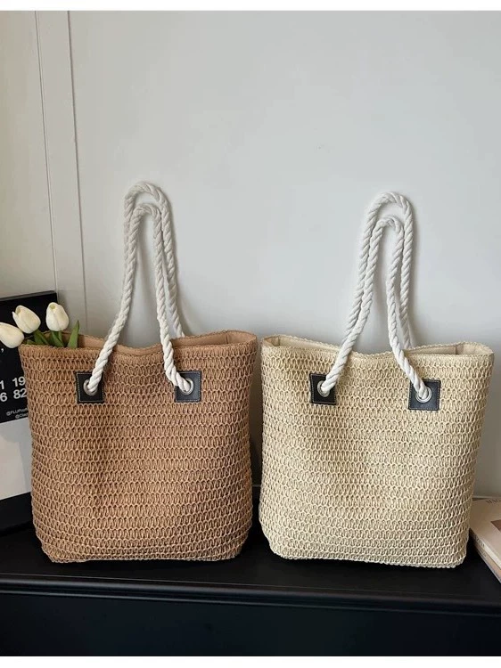 Bolso grande de paja abierto | Bolso de playa tejido para mujer