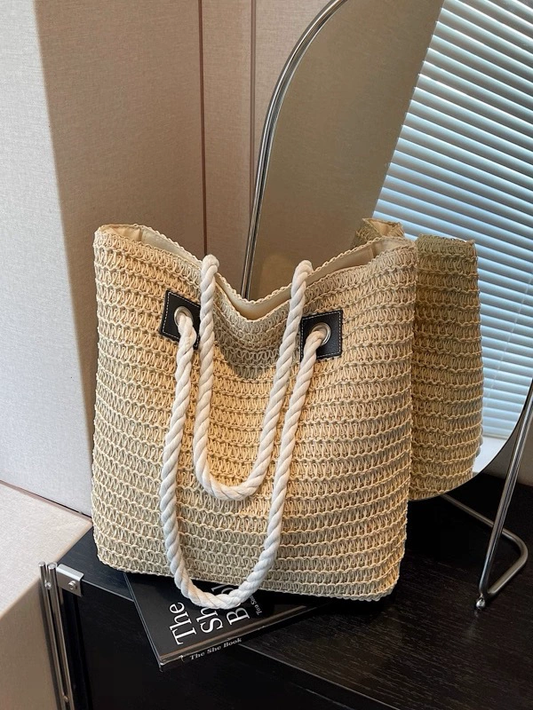 Bolso grande de paja abierto | Bolso de playa tejido para mujer