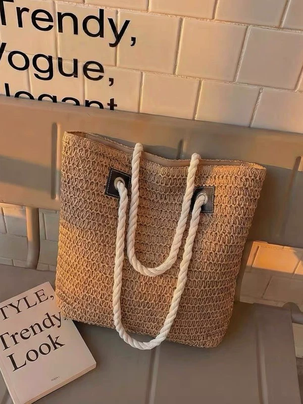 Bolso grande de paja abierto | Bolso de playa tejido para mujer
