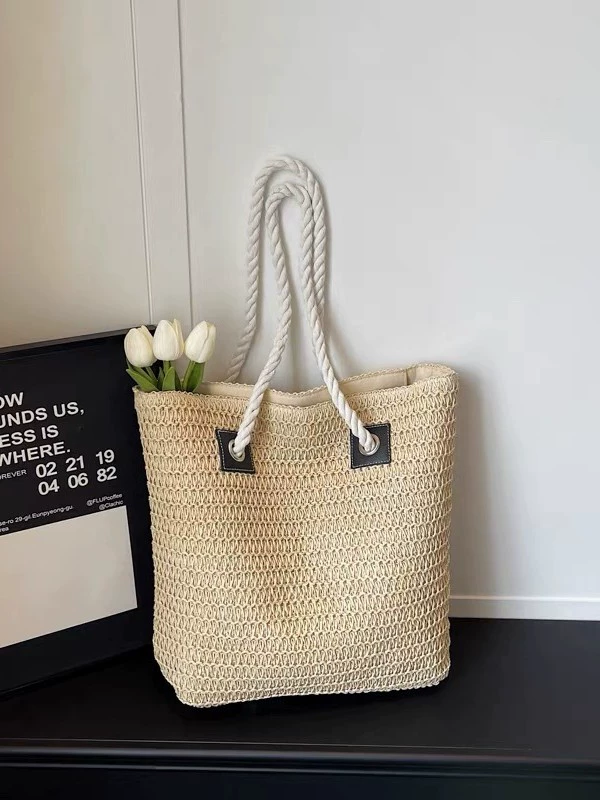 Bolso grande de paja abierto | Bolso de playa tejido para mujer