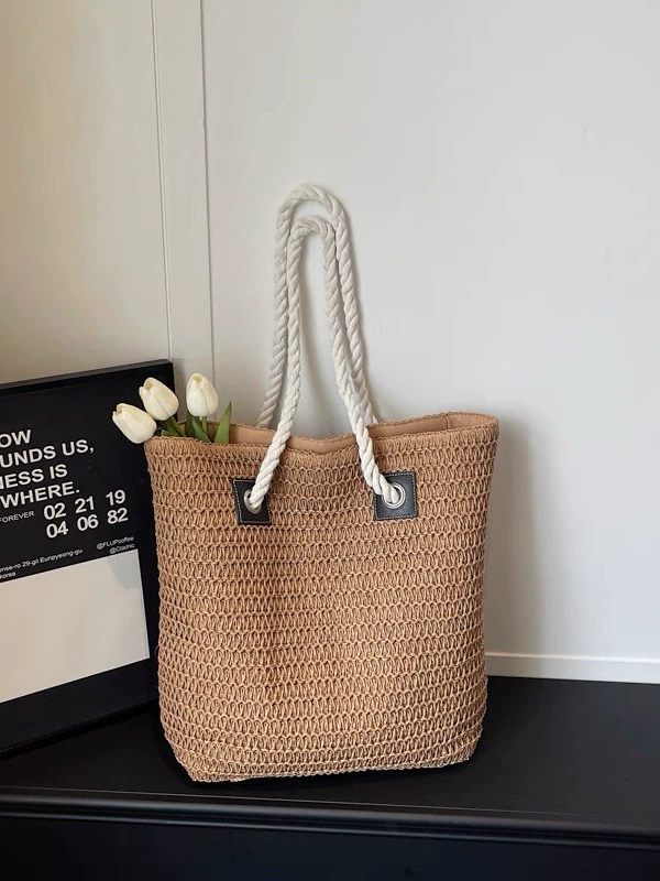 Bolso grande de paja abierto | Bolso de playa tejido para mujer