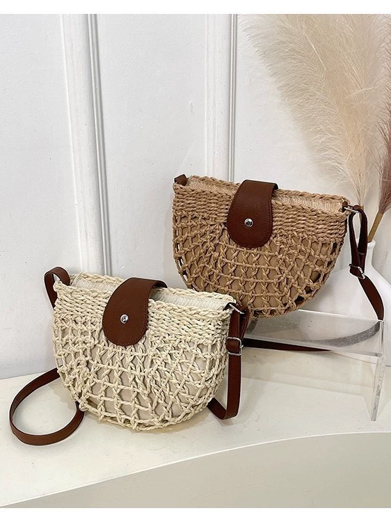 Bolso cruzado de paja de papel minimalista | Bolso de silla de montar Artisanstraw hueco tejido