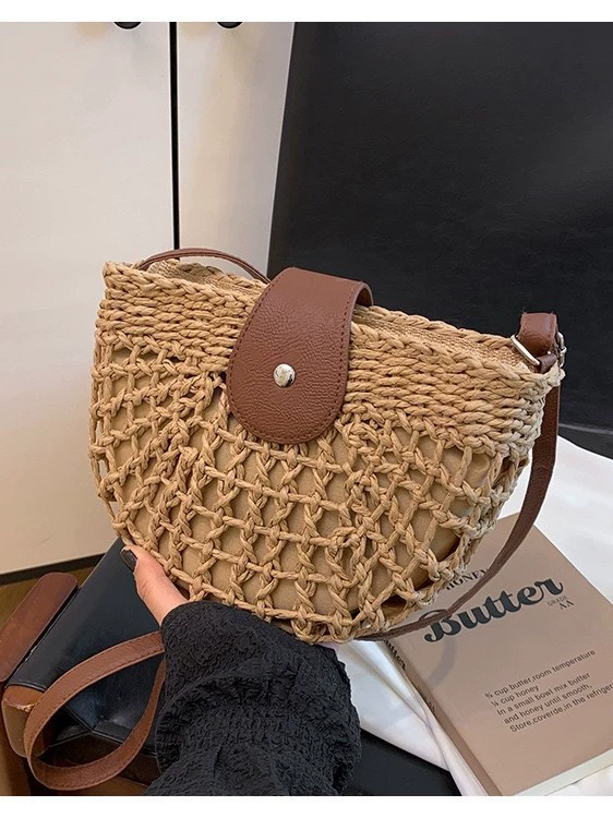 Bolso cruzado de paja de papel minimalista | Bolso de silla de montar Artisanstraw hueco tejido