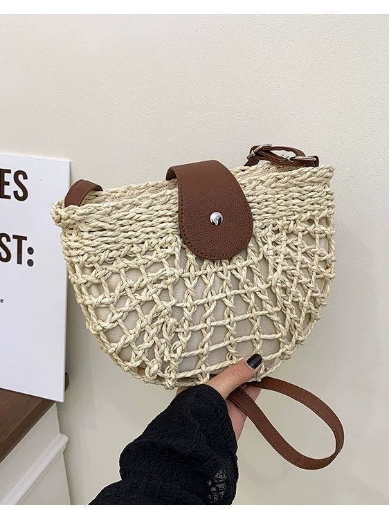 Bolso cruzado de paja de papel minimalista | Bolso de silla de montar Artisanstraw hueco tejido