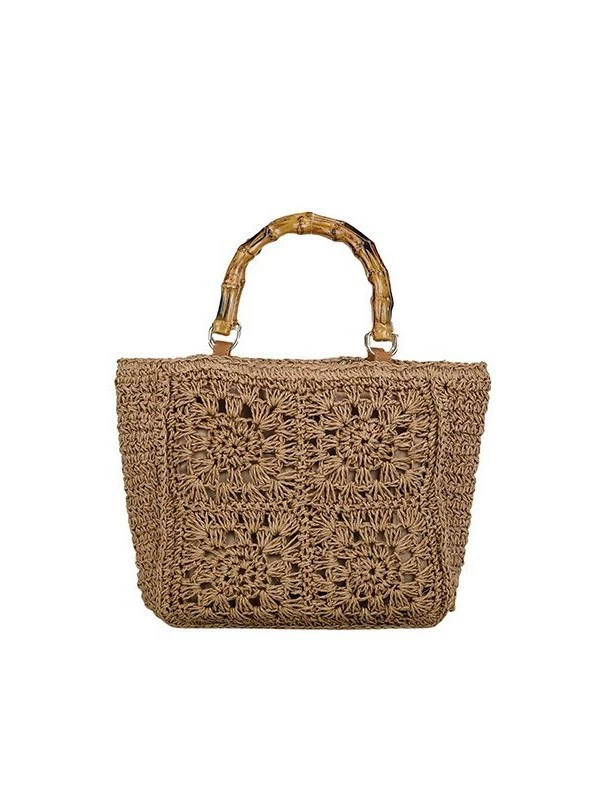 Bolso de paja de ganchillo estilo boho, bolso de mano hueco tejido con asa de bambú, cartera de hombro informal diaria estilo coreano para verano