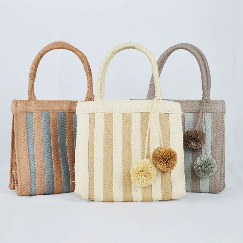 Bolso de mano de paja a rayas tejido con pompones, bolso de mano vertical mediano con diseño abierto estilo arte chino vintage para uso diario