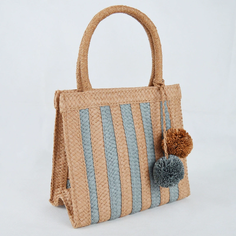 Bolso de mano de paja a rayas tejido con pompones, bolso de mano vertical mediano con diseño abierto estilo arte chino vintage para uso diario