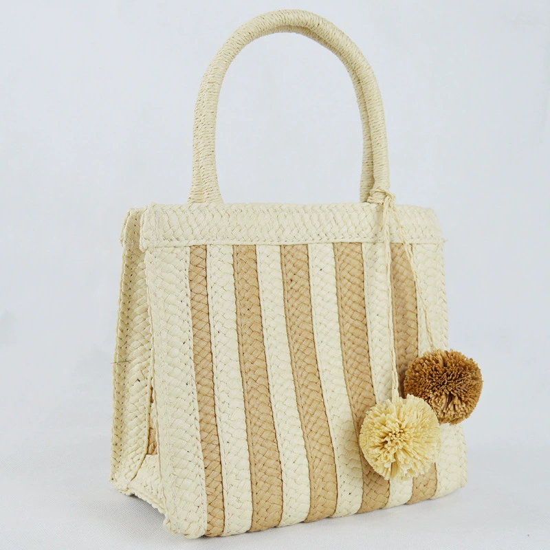 Bolso de mano de paja a rayas tejido con pompones, bolso de mano vertical mediano con diseño abierto estilo arte chino vintage para uso diario