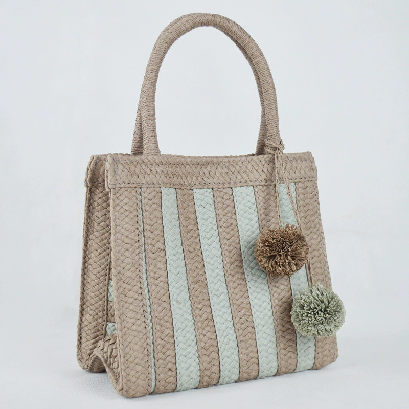 Bolso de mano de paja a rayas tejido con pompones, bolso de mano vertical mediano con diseño abierto estilo arte chino vintage para uso diario