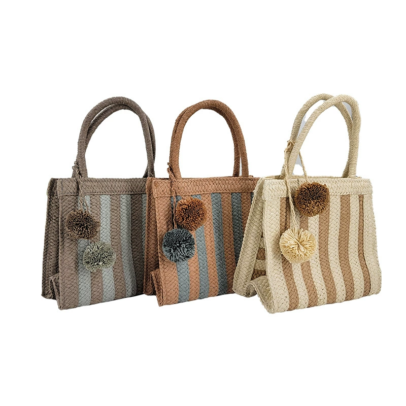 Bolso de mano de paja a rayas tejido con pompones, bolso de mano vertical mediano con diseño abierto estilo arte chino vintage para uso diario
