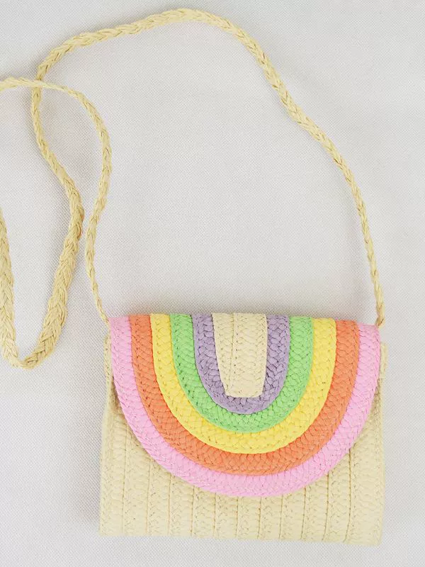 Bolso cruzado de rafia de macarrón arcoíris, estilo dulce y fresco, con solapa magnética, pequeño bolso cuadrado con ranura para tarjetas para el uso diario de verano