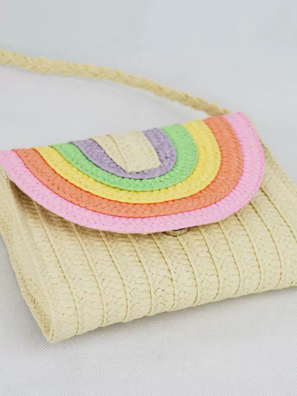 Bolso cruzado de rafia de macarrón arcoíris, estilo dulce y fresco, con solapa magnética, pequeño bolso cuadrado con ranura para tarjetas para el uso diario de verano