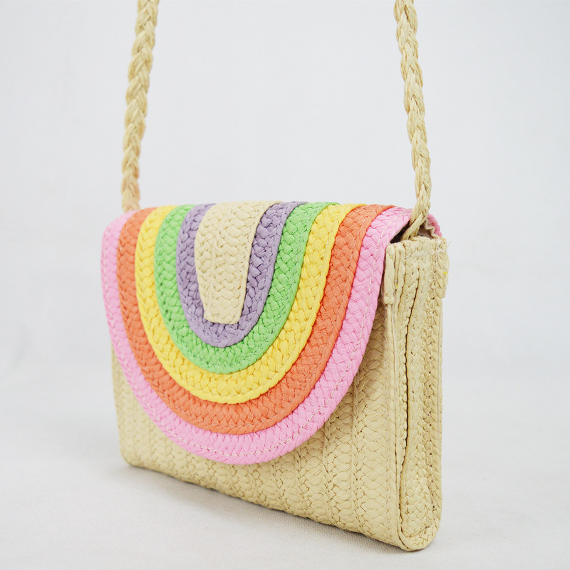 Bolso cruzado de rafia de macarrón arcoíris, estilo dulce y fresco, con solapa magnética, pequeño bolso cuadrado con ranura para tarjetas para el uso diario de verano