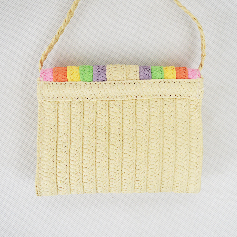 Bolso cruzado de rafia de macarrón arcoíris, estilo dulce y fresco, con solapa magnética, pequeño bolso cuadrado con ranura para tarjetas para el uso diario de verano