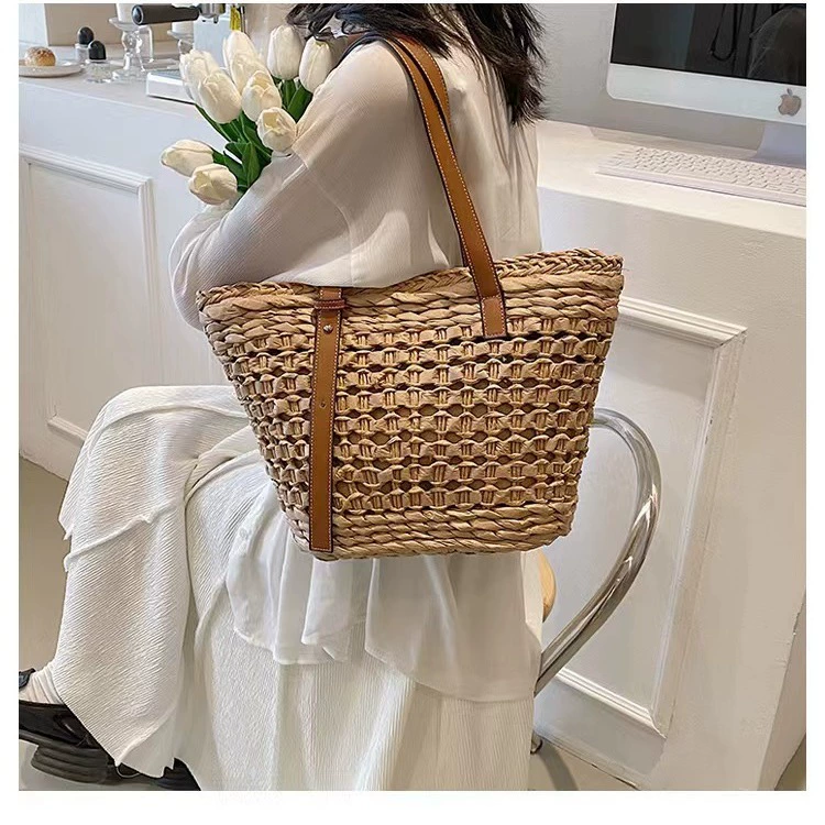 Bolso tote de paja tejida hueca, bolso de hombro con cremallera estilo oriental literario con correa de cuero, cartera de compras diaria de verano cuadrada horizontal mediana (caqui, blanquecino)