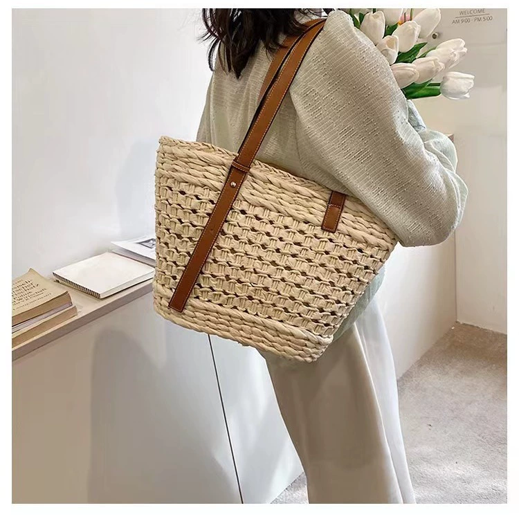 Bolso tote de paja tejida hueca, bolso de hombro con cremallera estilo oriental literario con correa de cuero, cartera de compras diaria de verano cuadrada horizontal mediana (caqui, blanquecino)