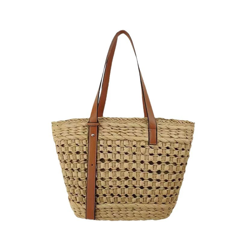 Bolso tote de paja tejida hueca, bolso de hombro con cremallera estilo oriental literario con correa de cuero, cartera de compras diaria de verano cuadrada horizontal mediana (caqui, blanquecino)