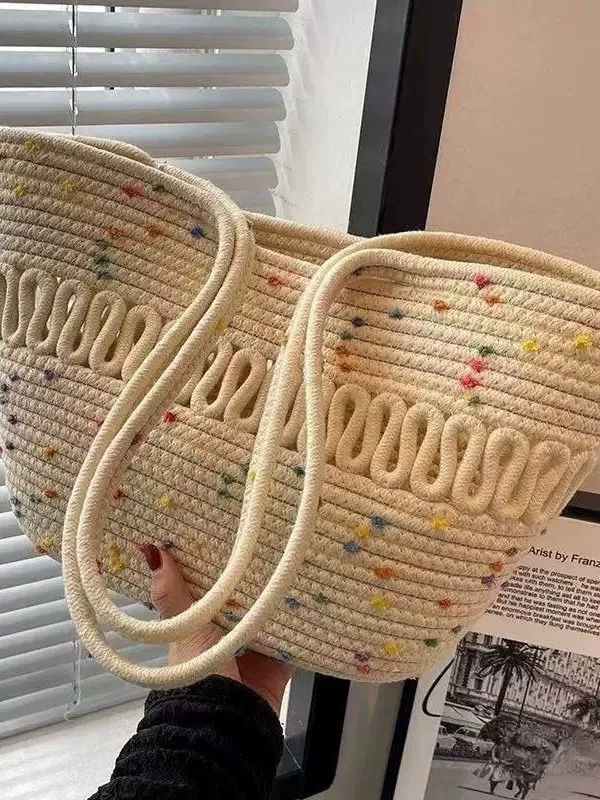 Bolso tote de hombro de algodón tejido con lunares de colores, estilo fresco y dulce, con parte superior abierta, mediano, cuadrado horizontal, informal, para atuendos diarios de primavera