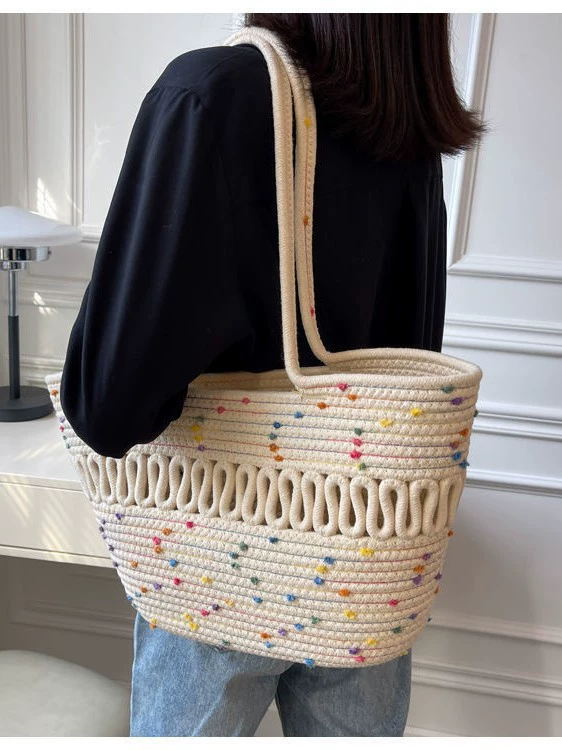 Bolso tote de hombro de algodón tejido con lunares de colores, estilo fresco y dulce, con parte superior abierta, mediano, cuadrado horizontal, informal, para atuendos diarios de primavera