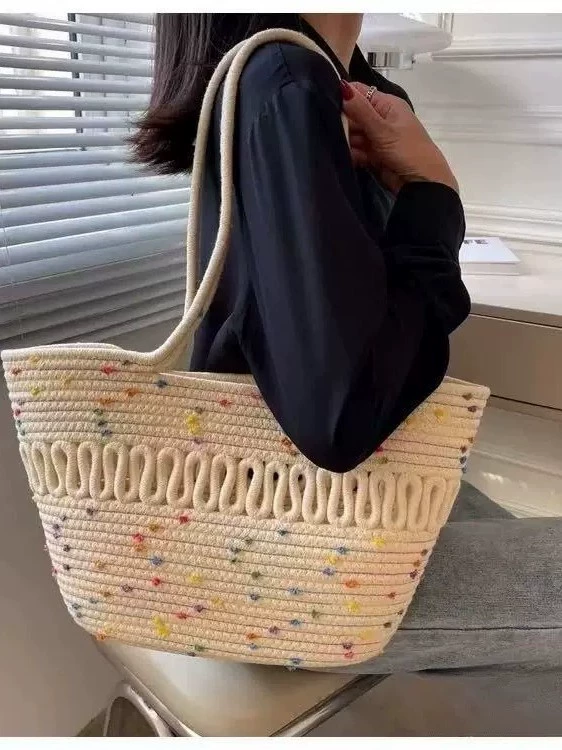 Bolso tote de hombro de algodón tejido con lunares de colores, estilo fresco y dulce, con parte superior abierta, mediano, cuadrado horizontal, informal, para atuendos diarios de primavera
