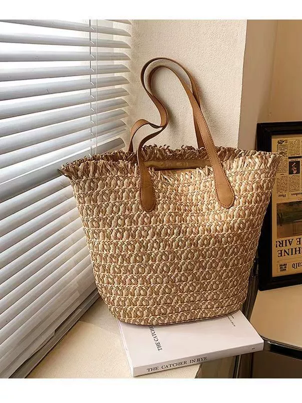Bolso Tote de Rafia a Cuadros con Flecos, Bolso Bandolera de Cuero con Cremallera Estilo Urbano Minimalista, Bolso de Verano Diario Mediano Vertical Cuadrado