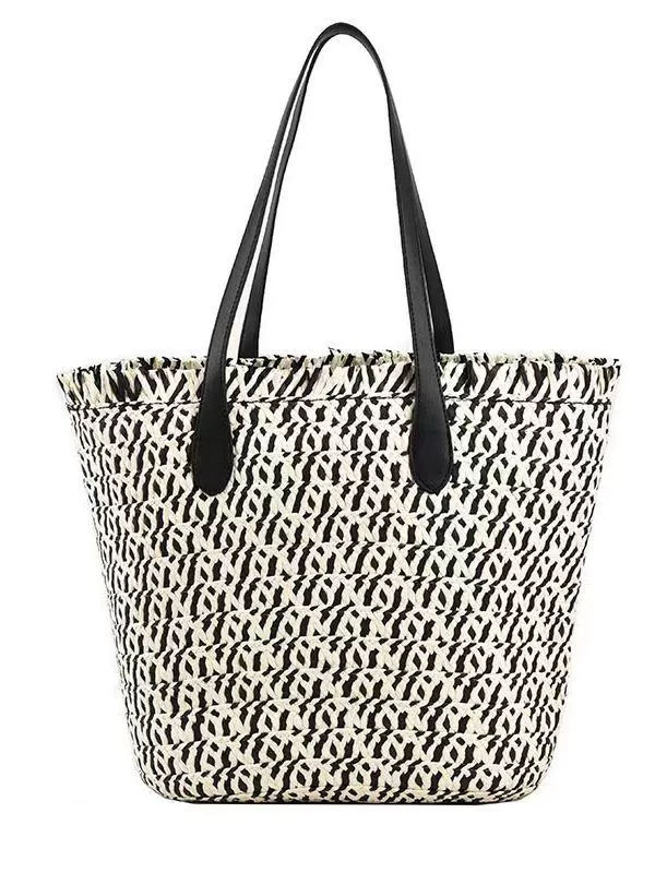 Bolso Tote de Rafia a Cuadros con Flecos, Bolso Bandolera de Cuero con Cremallera Estilo Urbano Minimalista, Bolso de Verano Diario Mediano Vertical Cuadrado