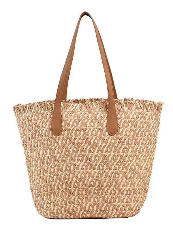 Bolso Tote de Rafia a Cuadros con Flecos, Bolso Bandolera de Cuero con Cremallera Estilo Urbano Minimalista, Bolso de Verano Diario Mediano Vertical Cuadrado