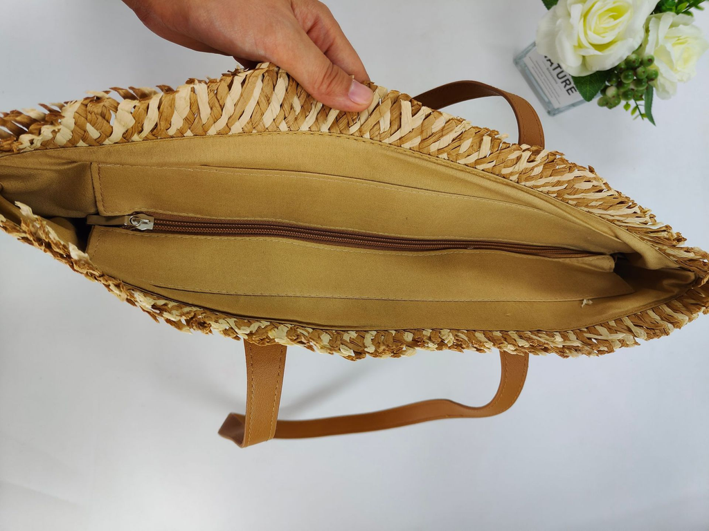 Bolso Tote de Rafia a Cuadros con Flecos, Bolso Bandolera de Cuero con Cremallera Estilo Urbano Minimalista, Bolso de Verano Diario Mediano Vertical Cuadrado