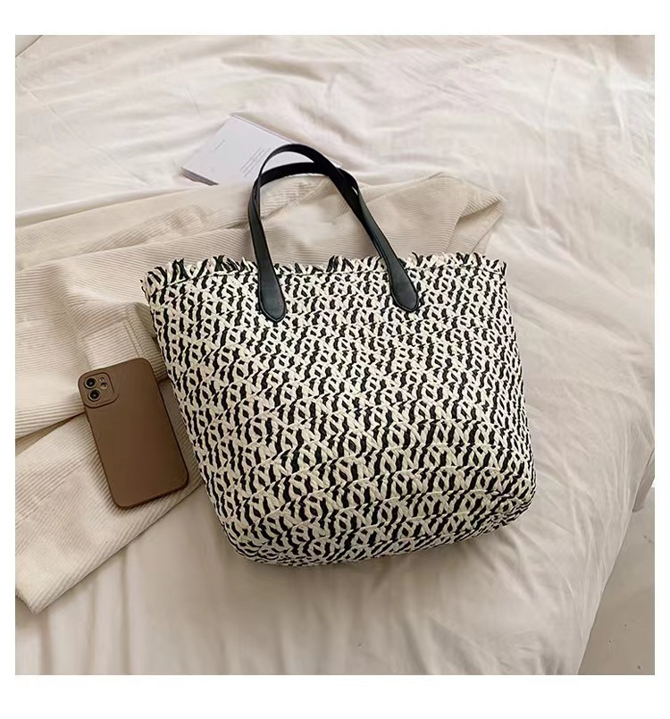 Bolso Tote de Rafia a Cuadros con Flecos, Bolso Bandolera de Cuero con Cremallera Estilo Urbano Minimalista, Bolso de Verano Diario Mediano Vertical Cuadrado