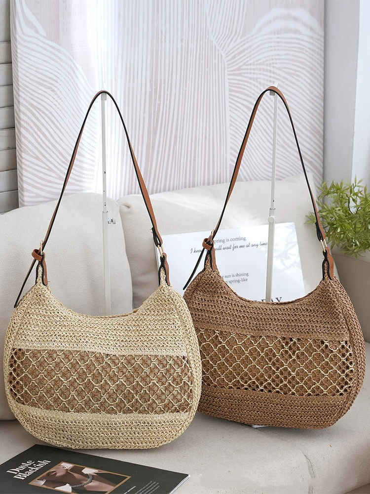 Bolso de Hombro Hobo de Paja Tejida Hueca, Bandolera Urbana Minimalista con Cremallera, Bolso de Mano Ovalado Mediano para Primavera en Caqui, Blanco Roto