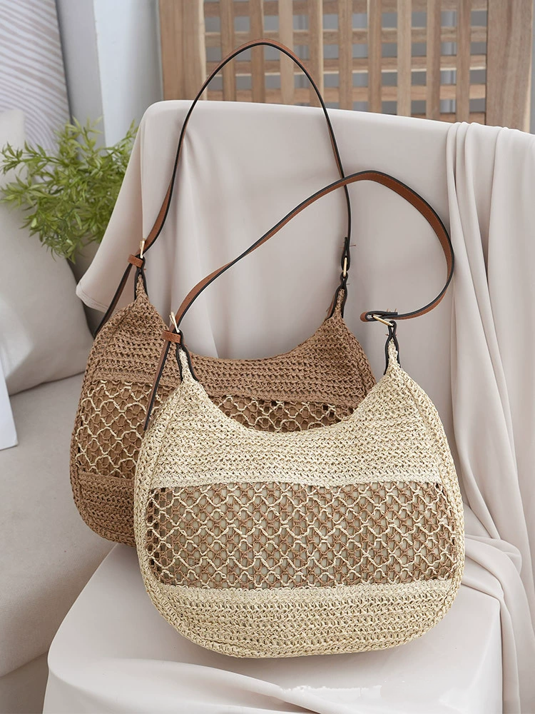 Bolso de Hombro Hobo de Paja Tejida Hueca, Bandolera Urbana Minimalista con Cremallera, Bolso de Mano Ovalado Mediano para Primavera en Caqui, Blanco Roto