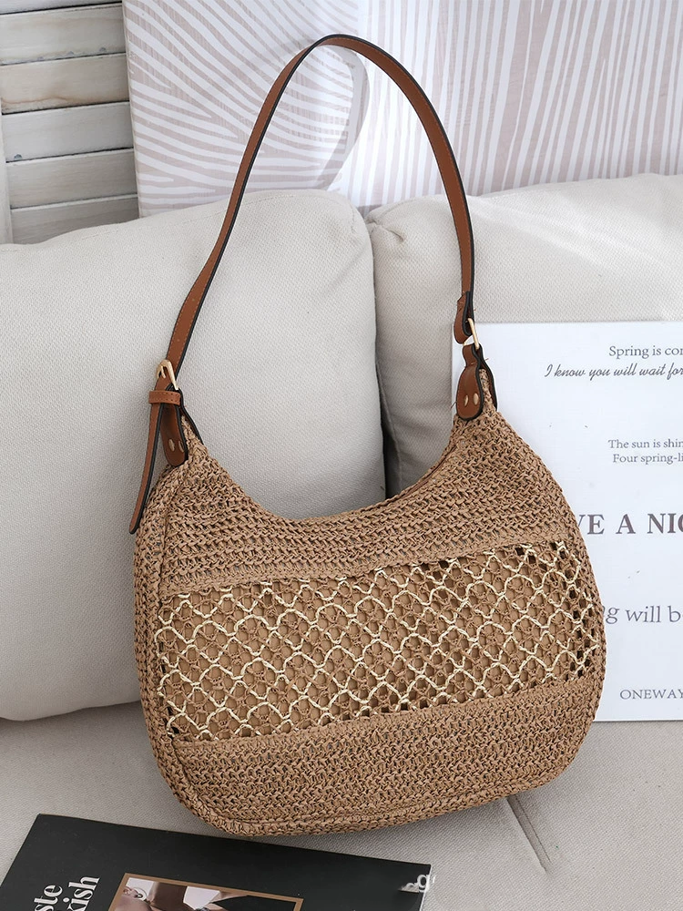 Bolso de Hombro Hobo de Paja Tejida Hueca, Bandolera Urbana Minimalista con Cremallera, Bolso de Mano Ovalado Mediano para Primavera en Caqui, Blanco Roto