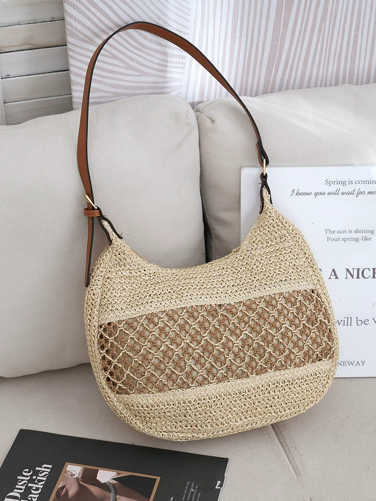 Bolso de Hombro Hobo de Paja Tejida Hueca, Bandolera Urbana Minimalista con Cremallera, Bolso de Mano Ovalado Mediano para Primavera en Caqui, Blanco Roto
