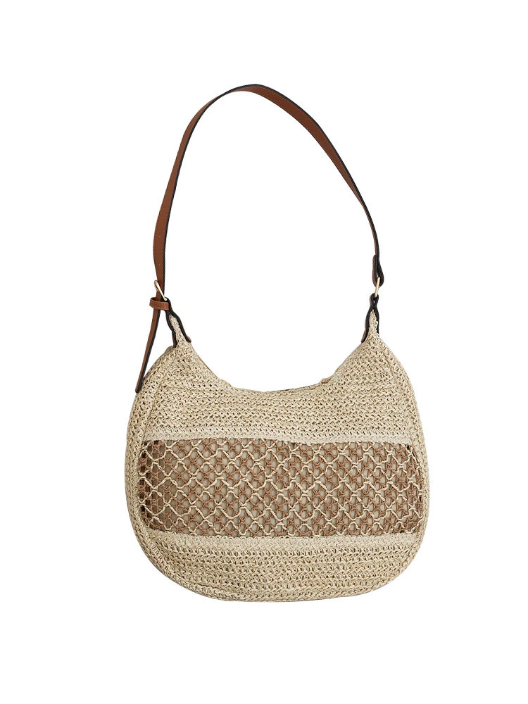 Bolso de Hombro Hobo de Paja Tejida Hueca, Bandolera Urbana Minimalista con Cremallera, Bolso de Mano Ovalado Mediano para Primavera en Caqui, Blanco Roto